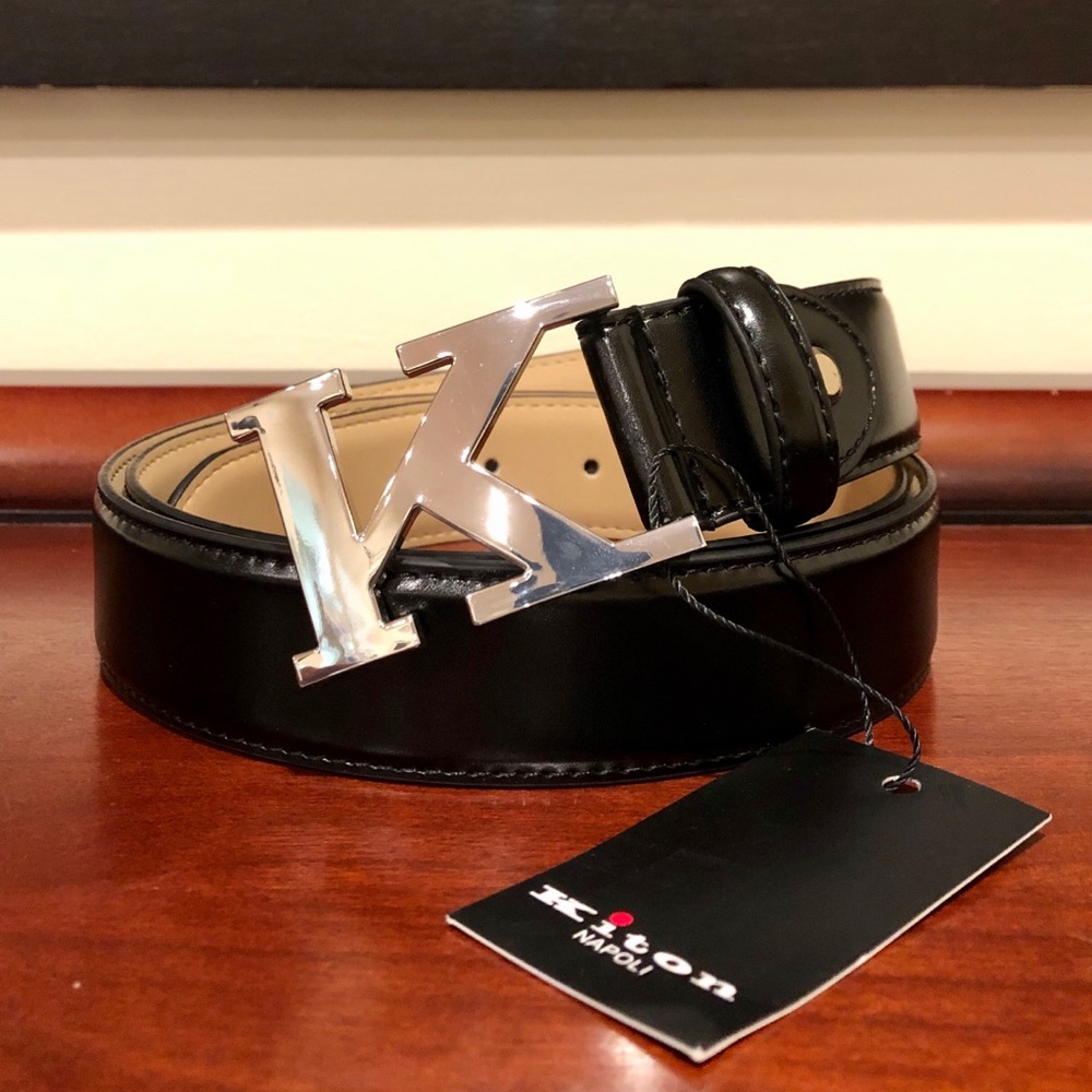 NEW KITON Black Leather Belt K Buckle-Size 110/125